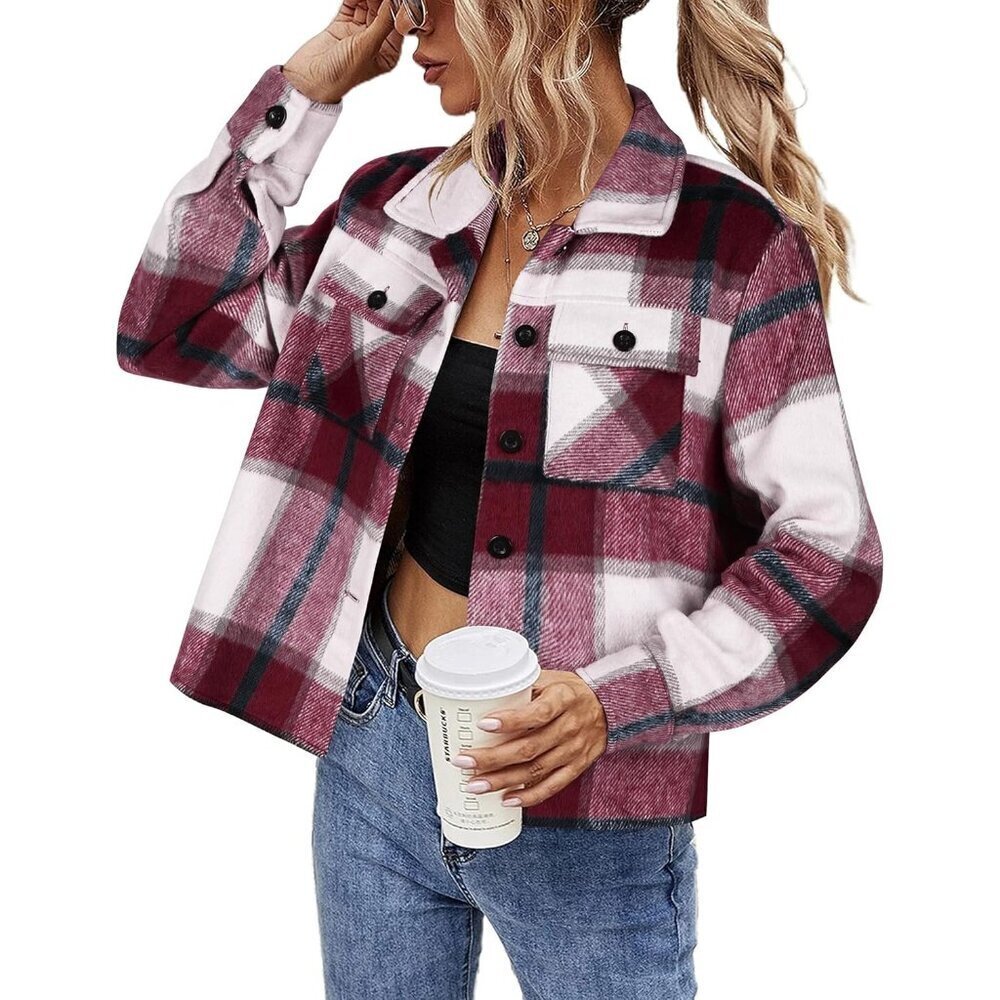 Women's Flannel Shacket Cropped Plaid Jacket Fall Casual Office Wear